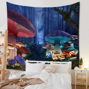 Detail of magical glowing mushroom forest tapestry hanging as cozy bedroom wall decor