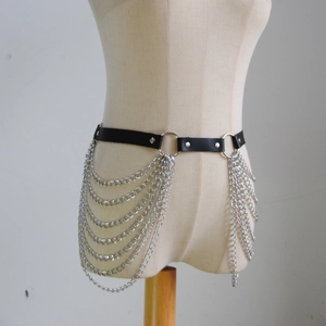 Detail of black PU leather waist chain with silver metal rings and multi-layer fringes