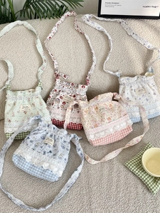 Sac Bandoulière Téléphone Style Japonais Polyester Toile Dentelle Coeur Cordon Dessin Animé Floral Motif Gingham Kawaii