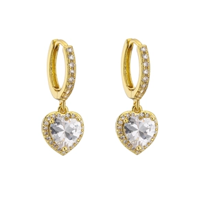 Elegant gold heart earrings with micro-paved crystals and large clear heart pendant