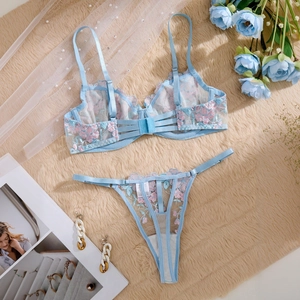 Close-up of light blue lace lingerie set with pink floral embroidery on soft plush background