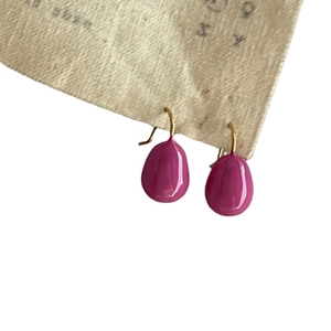 Elegant French style teardrop enamel earrings in magenta purple with gold hooks