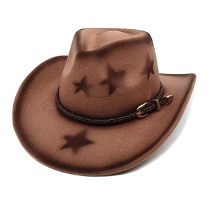 Western Cowboy Hat Cotton Polyester Felt Wide Brim Star Pattern Printed Braided Band Metal Buckle Vintage Style