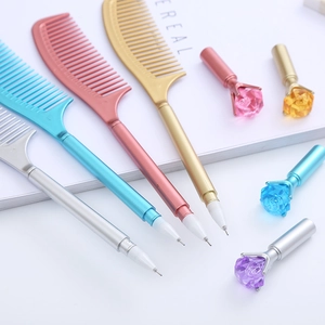 Creative comb-shaped pens with rose flower caps in assorted metallic colors