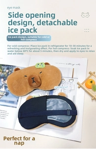 Detail of Capybara plush eye mask featuring the side opening and removable cooling gel pack