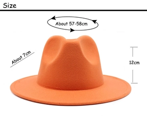 Size details of the bright orange wide-brim felt fedora hat with dimensions shown