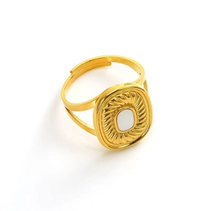 Vintage 18k gold plated stainless steel ring with white enamel and spiral texture detail