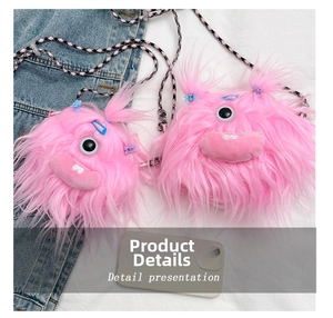 Detailed size comparison of pink plush monster crossbody bags next to a smartphone
