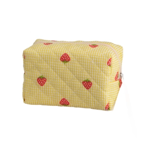 Quilted yellow gingham makeup bag with strawberry print and zipper closure in a main view