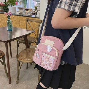 Sac bandoulière en toile rose avec poche transparente et badge de lapin mignon