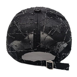 Detail of baseball cap back with silver stitching and adjustable metal buckle