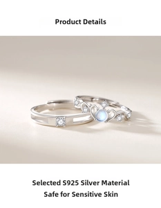 Macro detail of S925 sterling silver couple rings featuring moonstone and zircon