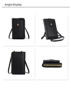 Multi-angle views of black pebble grain leather phone crossbody bag with gold hardware