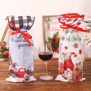 Christmas Wine Bottle Cover Burlap Gift Bags Drawstring Ribbon Gnome Red Truck Pattern Holiday Party Table Decoration
