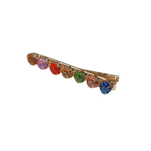Colorful rhinestone hair clip with gold metal base and sparkling multicolor crystals