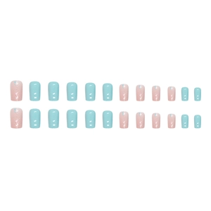 Fresh lake blue and pink glitter gradient square fake nails set of 24 pieces