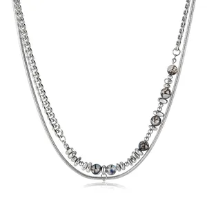 Men Double Layer Necklace Stainless Steel With Natural Stone And Hematite Beads Cuban Snake Chain Retro Punk Style