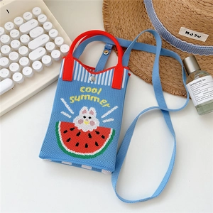 Cute blue knit phone crossbody bag with watermelon rabbit design and cool summer text