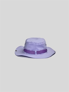 Detail of lavender outdoor sun hat with purple decorative band and metal air vents
