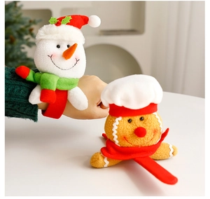Detail of Christmas plush slap bracelets featuring snowman and gingerbread man designs