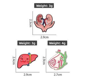 Detail view of medical enamel pins showing heart and liver size and weight specs