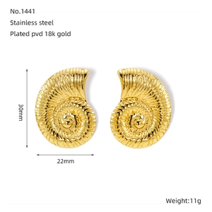 Detailed size view of 30mm x 22mm 18K gold plated stainless steel nautilus shell earrings
