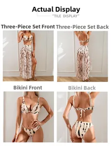 Detailed views of a 3-piece swimsuit set with bikini and split-leg floral chiffon pants