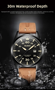 Close-up of waterproof quartz watch with black dial and leather strap over splashing water