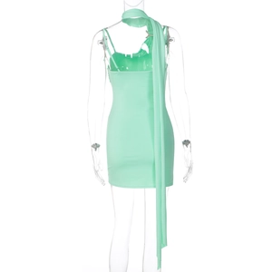 Rear view of mint green bodycon mini dress with long neck streamer on a mannequin