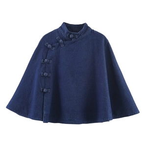 Women Denim Cape Poncho Top With Chinese Frog Buttons Stand Collar Dark Blue Retro Casual Outerwear