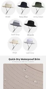 Detail showing waterproof and quick-dry hydrophobic fabric with droplets on sun hat brim