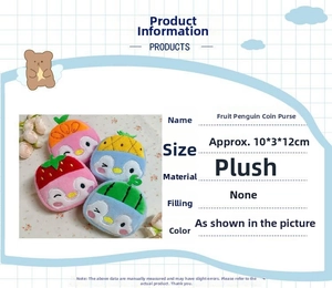 Detail view of fruit-themed plush penguin coin purses showing 10x3x12cm size specs