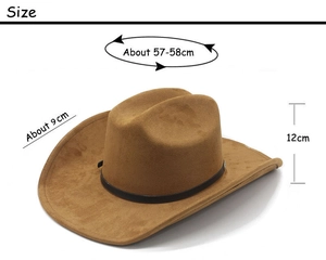 Classic brown faux suede cowboy hat showing dimensions: 57-58cm head girth and 9cm brim