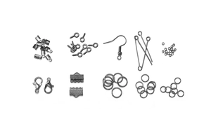 Macro view of silver jewelry making kit components including lobster clasps and ear hooks