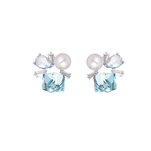 Elegant silver earrings with blue square crystal, white pearl and sparkling zircons