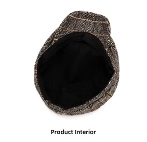 Detailed interior view of British style herringbone tweed newsboy cap with black lining