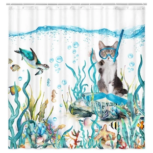 Funny diving cat shower curtain with colorful sea turtles and fish on waterproof polyester