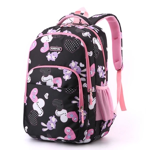 Black and pink ergonomic school backpack for girls featuring cartoon rabbit and heart patterns