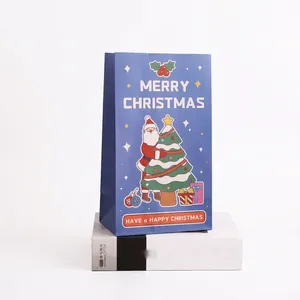 Christmas gift bag in navy blue with Santa Claus and Merry Christmas festive design