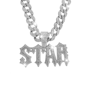 Silver iced-out Cuban link chain featuring a sparkling rhinestone STAR letter pendant