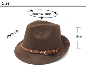Detailed size guide for brown suede fedora with 57-58cm circumference and metal buckle
