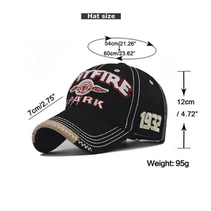 Detailed size specifications for the embroidered cotton baseball cap with dimensions