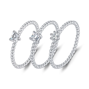 Lot de 3 bagues en argent S925 avec moissanite cœur, carrée et ronde et anneaux perlés