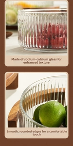 Detail of soda-lime glass bowl with vertical stripes, embossed texture and smooth edges