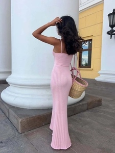 Pink ribbed maxi dress for women featuring a sexy backless design for a summer vacation look