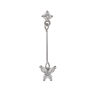 Detailed close-up of a silver butterfly drop earring with sparkling zircon gemstones