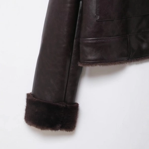 French retro faux fur brown leather jacket with plush trim on cuffs and hem