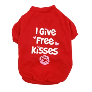 Close-up of red pet T-shirt with I Give Free Kisses print and soft knit texture