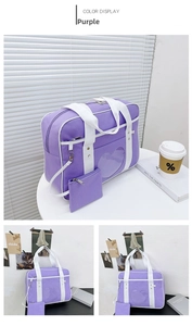 Detail of purple canvas tote bag with heart transparent window and mini coin pouch