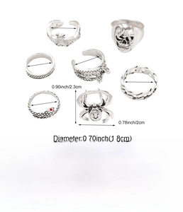 Detailed view of 7-piece vintage gothic ring set with dimensions and product specifications